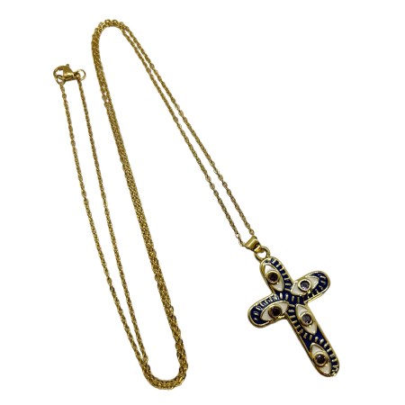 necklace steel chain gold cross metal blue1